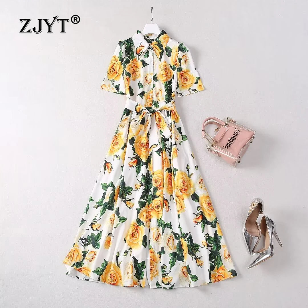 Yellow Roses Midi Dress Cotton