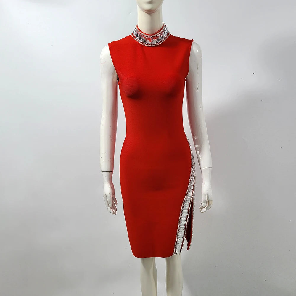 Sexy High Quality Rhinestones Short Party Dress Women Bandage Sleeveless Red Dresses 2025 Fashion Club Vestidos Robes