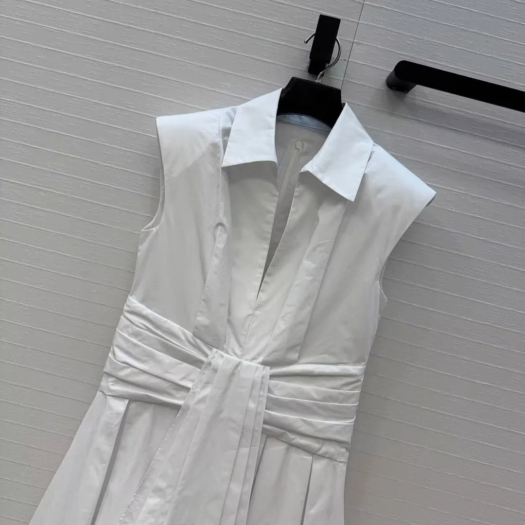 Elegant Fashion Summer White Dress Women Sweet Lapel Sleeveless Slim Wasit Lace-up Belt Mini Dresses
