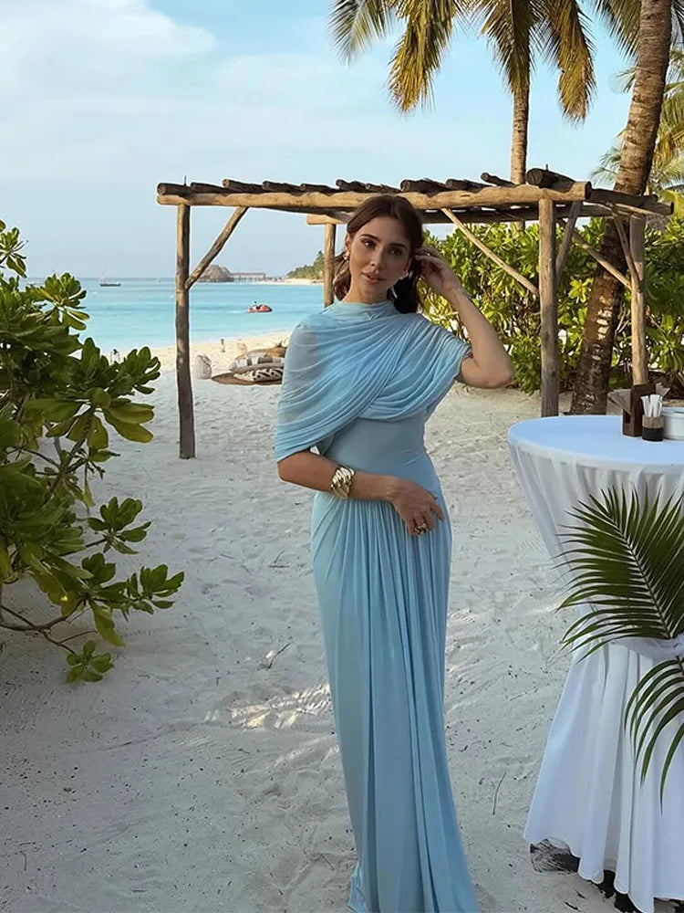 Irregular Shawl Blue Maxi Dress Women's Fashion Turtleneck Slim Fit Pleated Vestidos 2025 New Lady Evening Party Robes Summer - Shellss