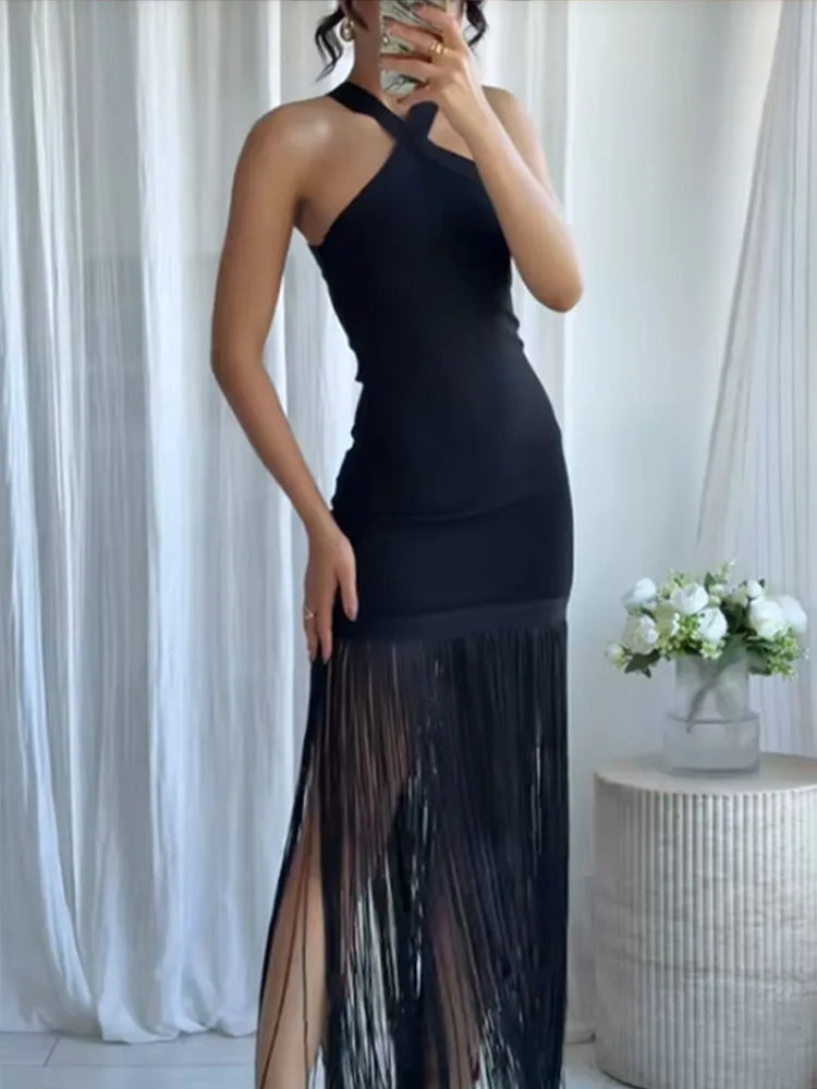 Party Tassel Dress halter neck celebrity