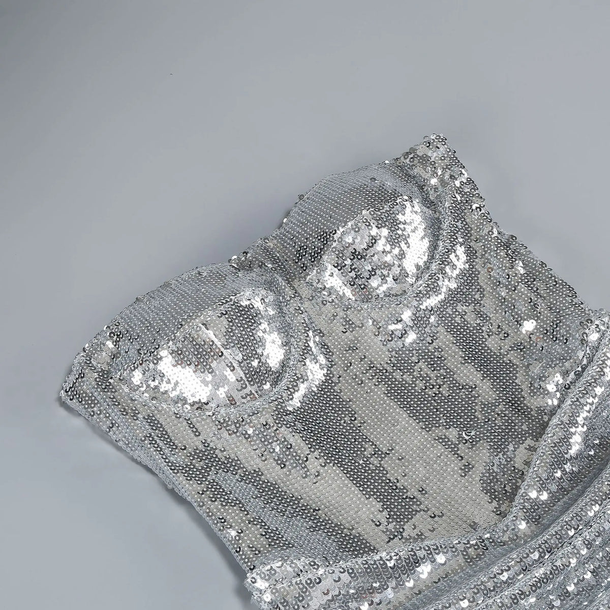 New Silver Sequined Strapless Dress with Fish Bones Waist Cinching Folded Hips Short Skirt Slim Fit Sexy Party Evening Dress