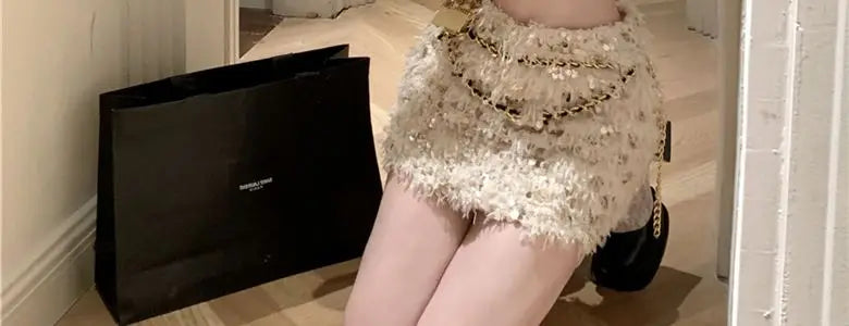 Summer New Little Fragrance Style Hot Girl Tassel Bright Particle Top Bodycon High Waist  Skirt Two Piece Set Women