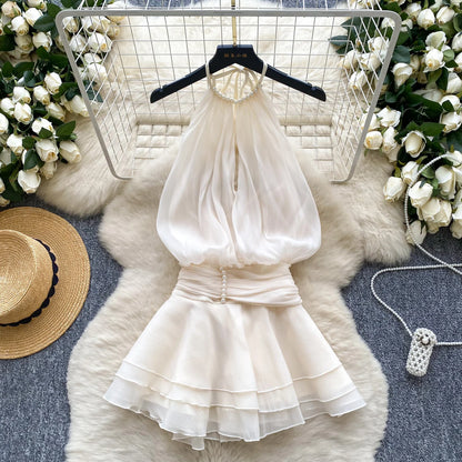 Chiffon Pearl Halter Mini Dress