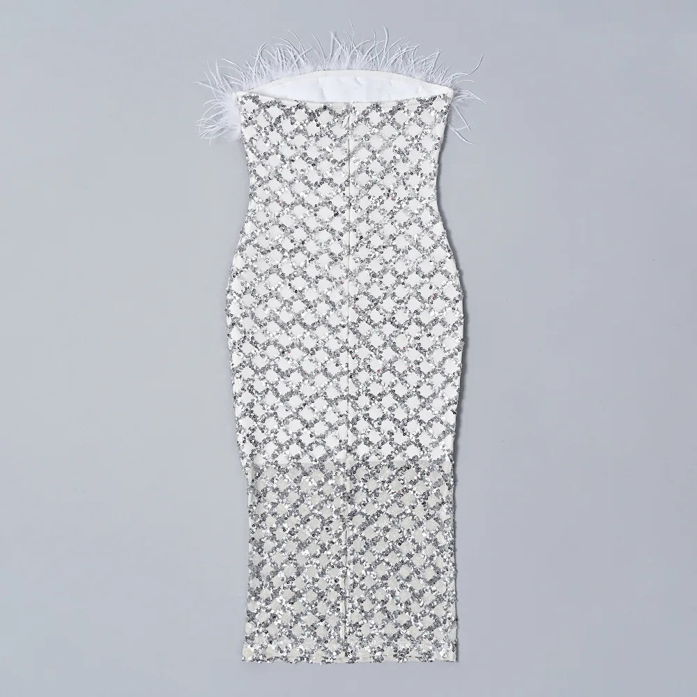 2026 Women Summer Celebrity New Strapless Feather Sequins White Midi Bodycon Dress Elegant Evening Club Party Dress