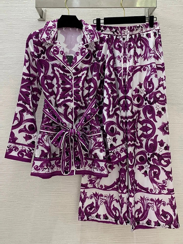 Long sleeve majolica print Two-piece Set