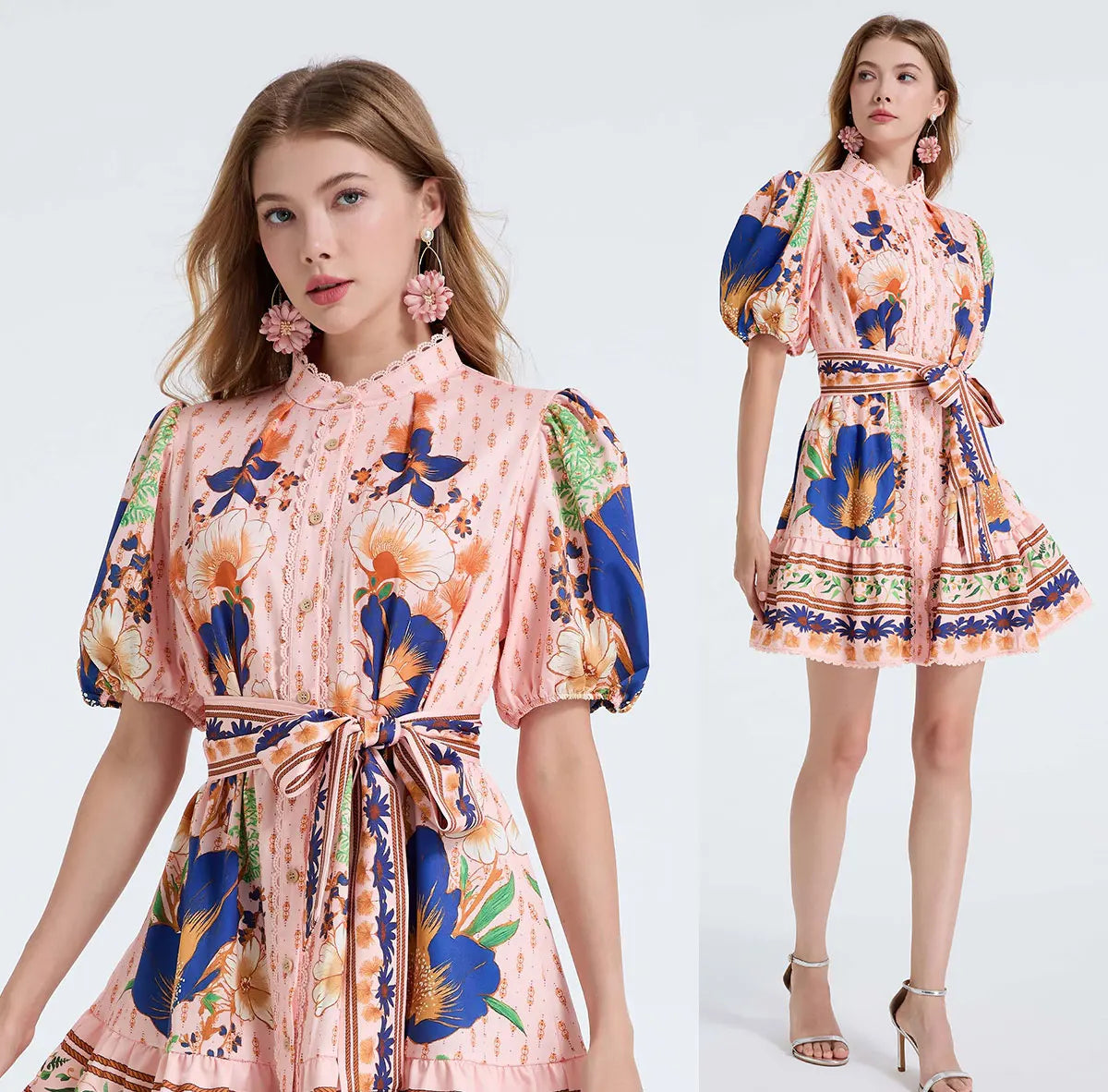 Pink Bubble Sleeve Ruffle Hem Slimming Dress with Belt Large Skirt Dress Single Button Print Street Style Long A- Line Dress New