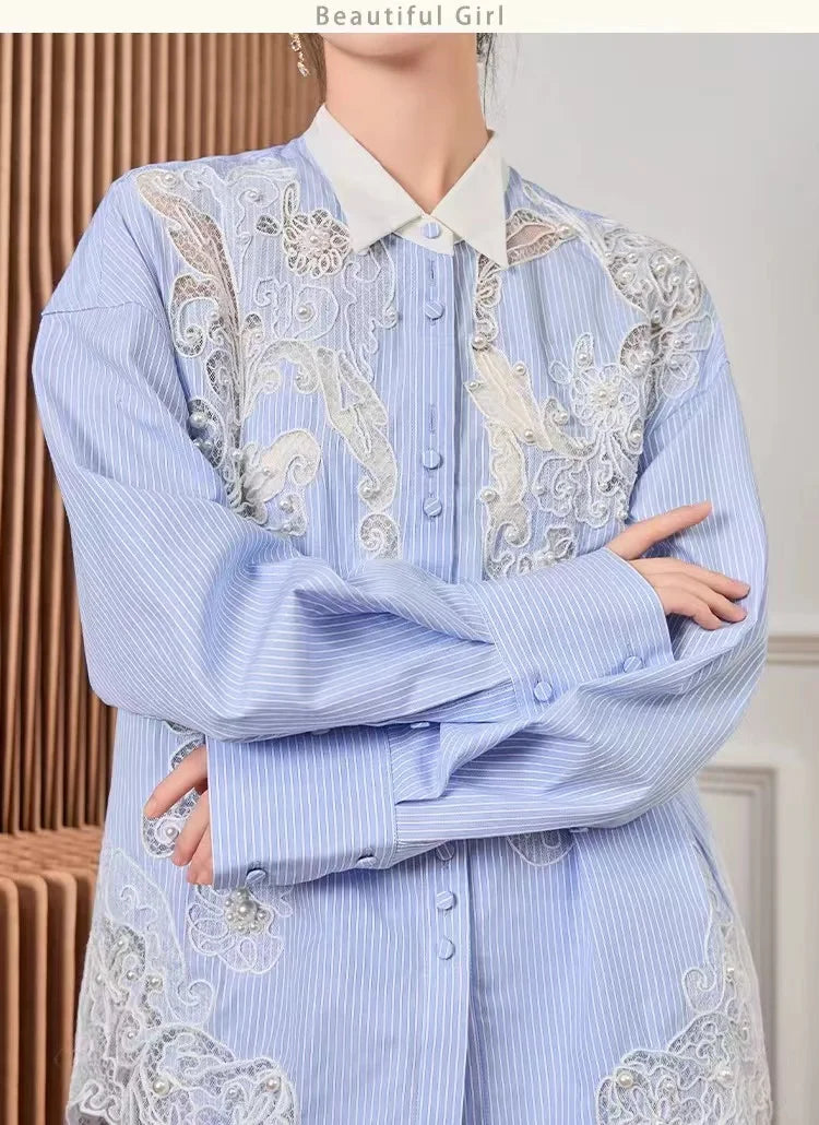 Pearls Beaded Lace Embroidery Blue Shirt