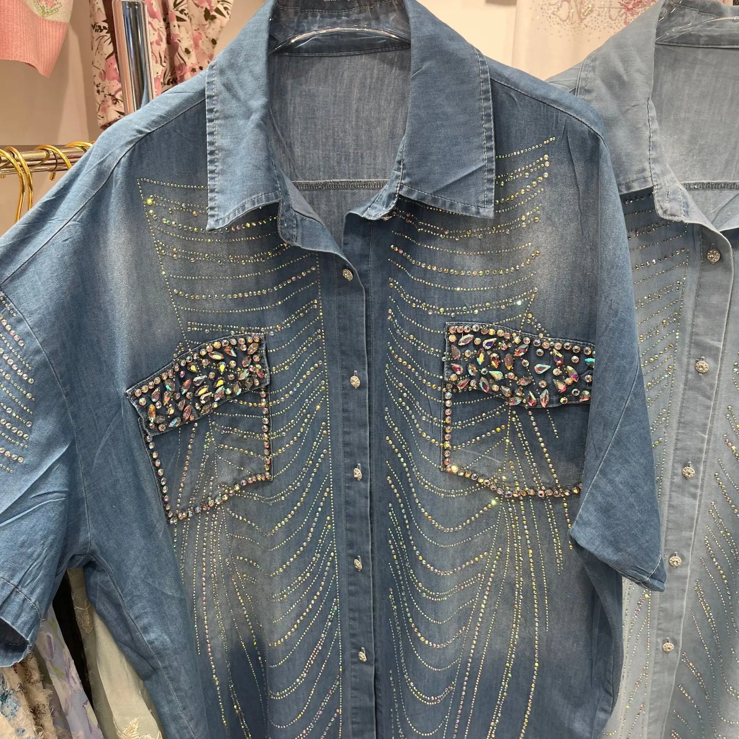 Exquisite Rhinestone Short Sleeve Denim Shirt