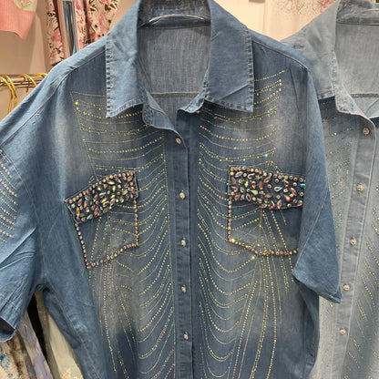 Exquisite Rhinestone Short Sleeve Denim Shirt