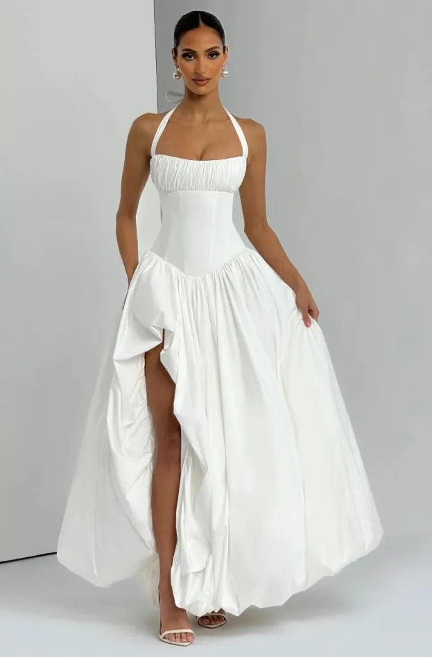 Princ Sle Long Dr LinJ High Waist Fibone Split Ne Hanging Strap European Sle Casual Wear for Middle-Aged Women - Shellss