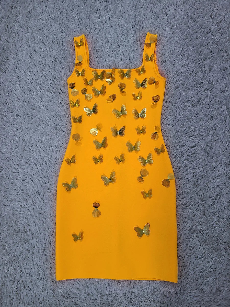 Yellow Runway Mini Knitted Bandage Dress Women 3D Butterfly Sexy High Street Elastic Vestidos Mini Dress Party Club Lady Dresses