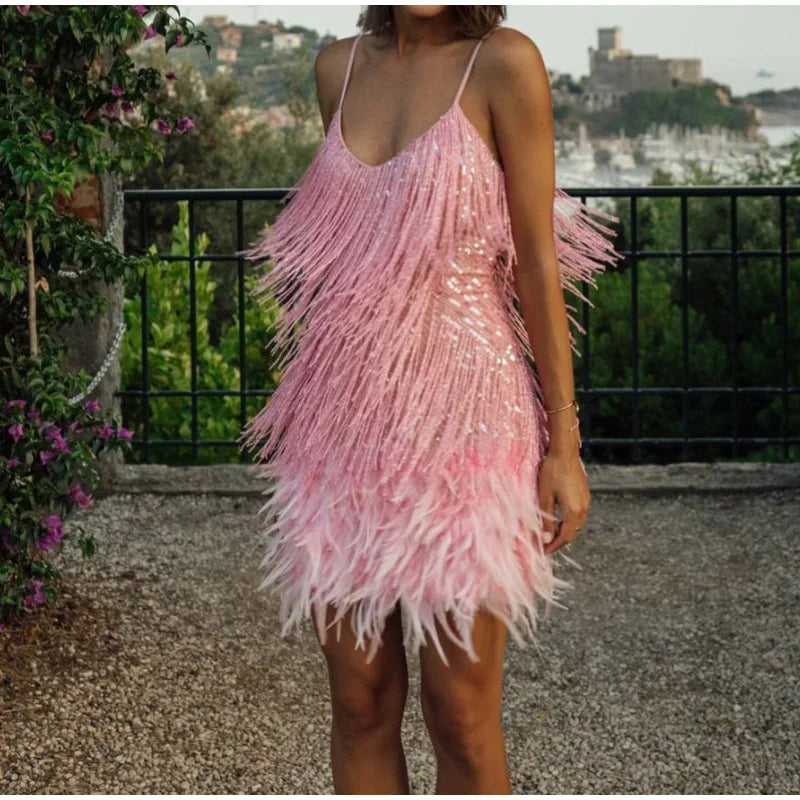 Tassel Sequins Feather Mini Dress
