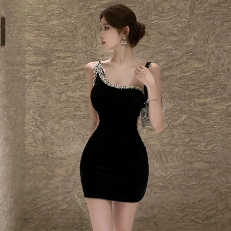 Summer French Elegant Fashion Evening Gown Women's Backless One-shoulder Bodycon Velvet Dress High-end Diamond Slim Gown Summer
