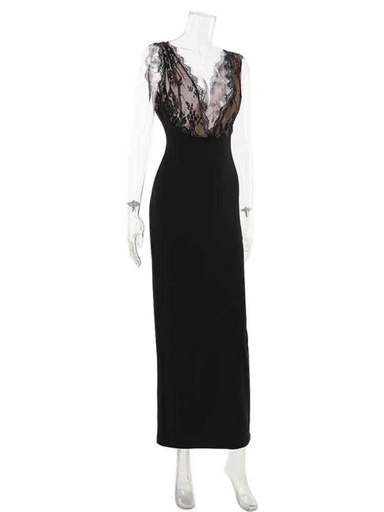 Huhugirl Elegant Long Dresses Sleeveless Lace Patchwork Deep V-Neck Backless Party Club Fashion Summer Style For Women Solid