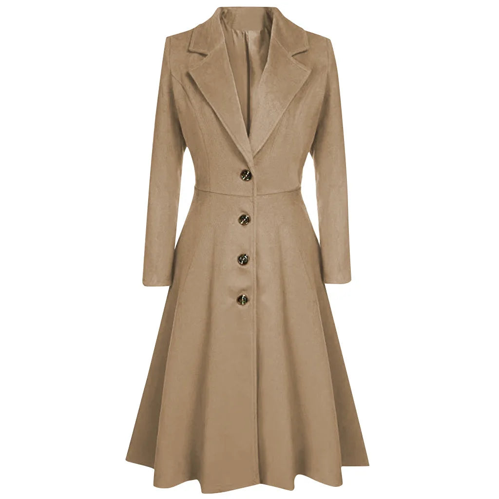 Long Trench Coat Winter Lapel Button Jacket Slimming Waist Pleated Hem