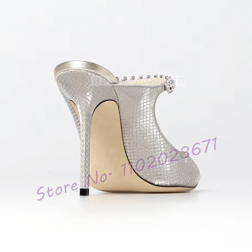 Silver Metallic Crystal Mules Rhinestone Arch Strap Heels