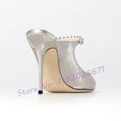 Silver Metallic Crystal Mules Rhinestone Arch Strap Heels