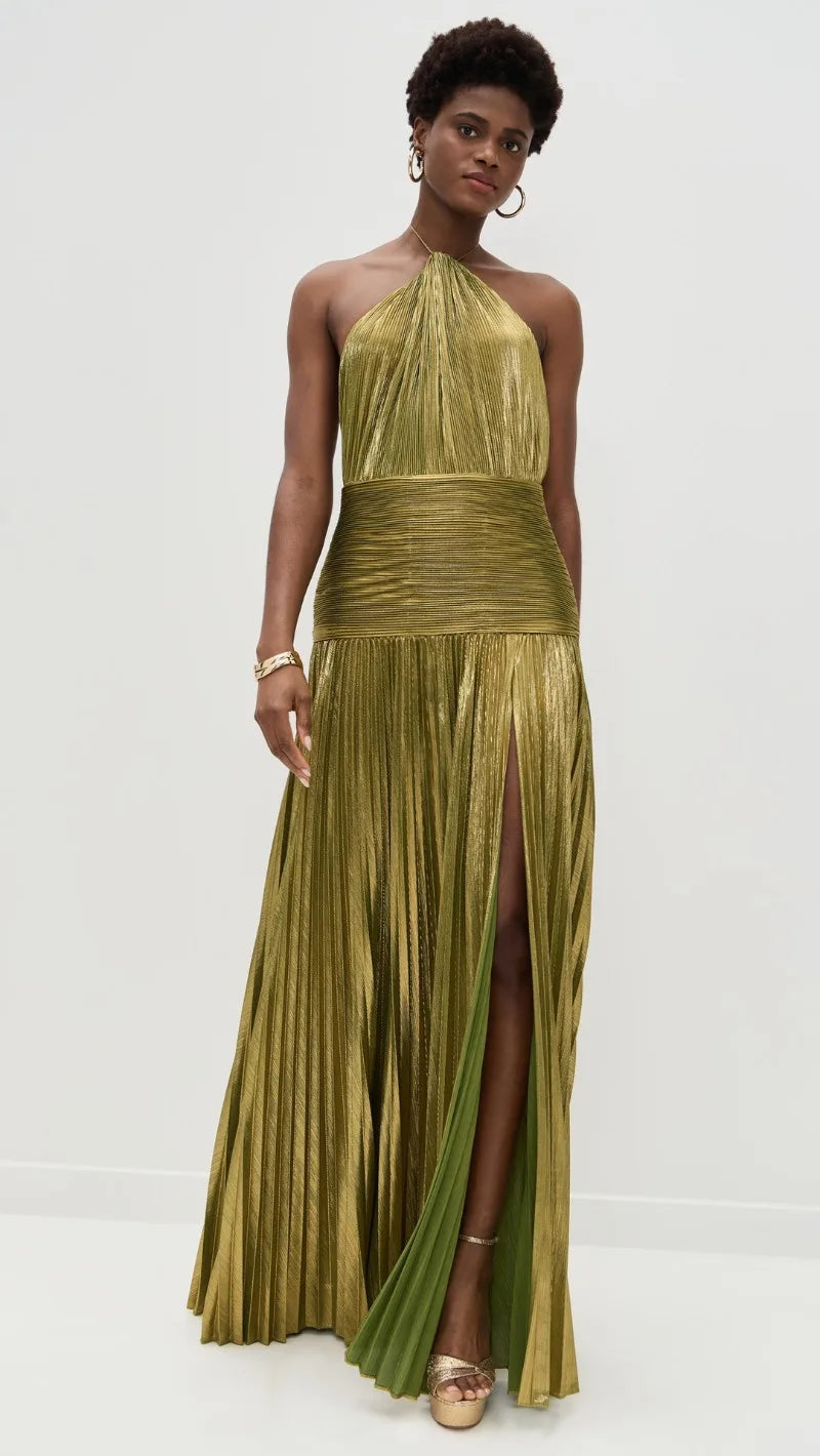 Sexy Off Shoulder Halter Folds Slit Long Dress Luxurious Women Corset Party Dress Gold Halter Neck Evening Dress