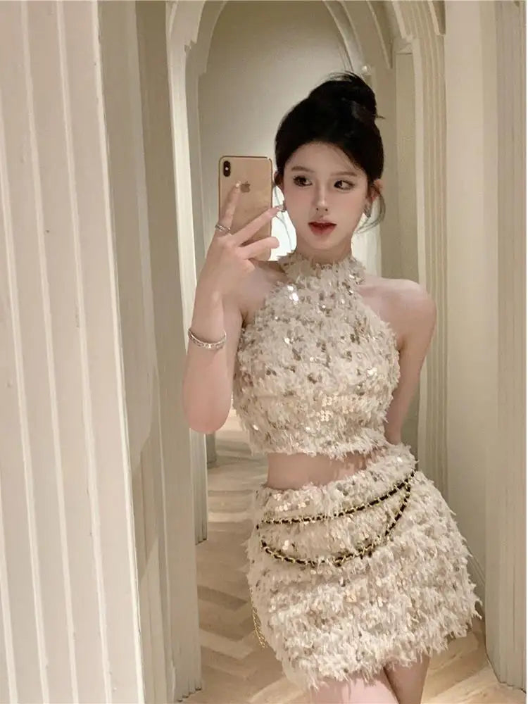 Summer New Little Fragrance Style Hot Girl Tassel Bright Particle Top Bodycon High Waist  Skirt Two Piece Set Women