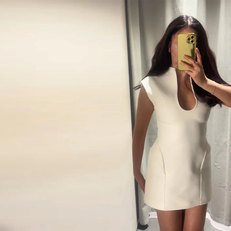 Elegant Slim Women's Dress Stand Collar Hollow Out Sleeveless Waist-Closed Lady Mini Dresses 2026 Spring Summer Female Robe