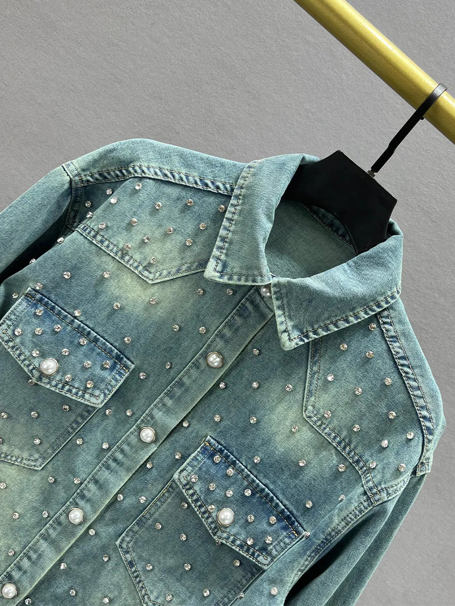 Denim Rhinestones Mid-length Shirt