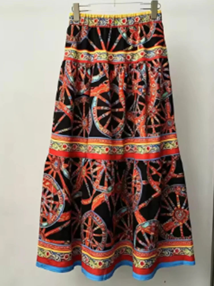 Women's Retro Lapel Single-Breasted Long-Sleeved Shirt Skirt Two-Piece Suit Elastic Waist Autumn Fashion Print Design Holiday We - Shellss