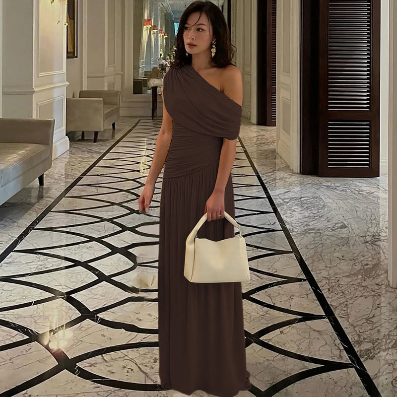 Hugcitar One Shoulder Ruched Sleeveless Solid Pleated Sexy Irregular Y2K Maxi Dress Summer Elegant Party Women Clothes Vacation - Shellss