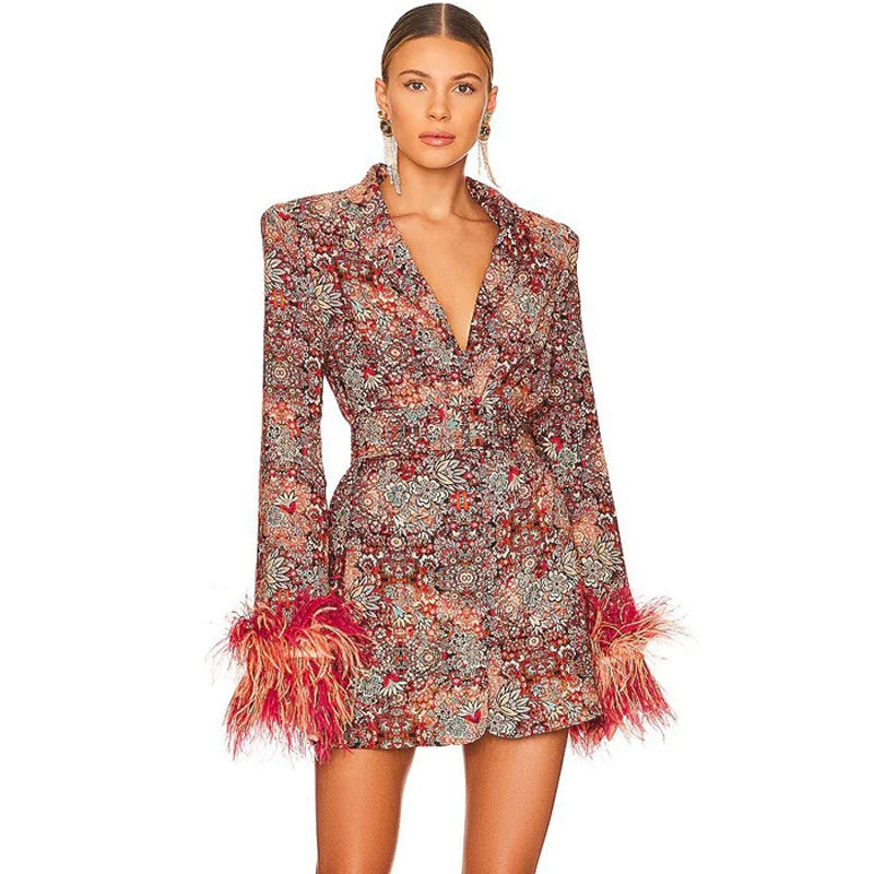 Women Sexy V Neck Floral Print Feather Long Sleeve Bodycon Party Club Event Blazer