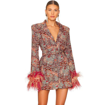 Women Sexy V Neck Floral Print Feather Long Sleeve Bodycon Party Club Event Blazer