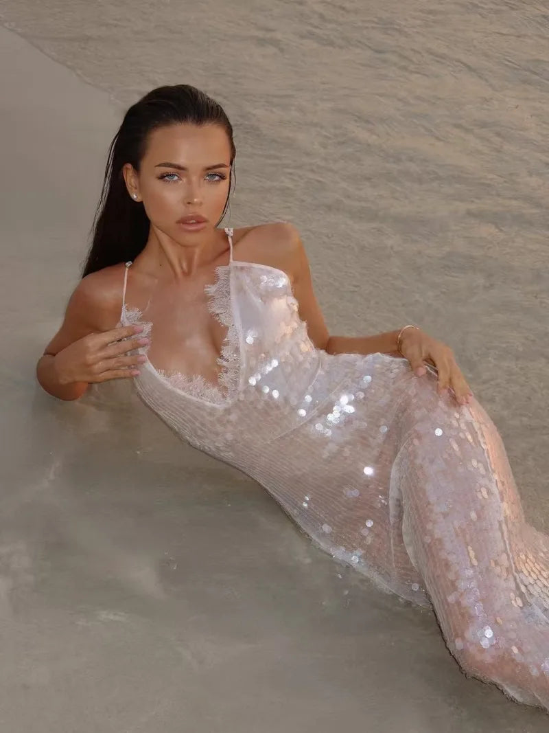 Sexy Sheer Sequin Lace Trim Spaghetti Strap Maxi Dress Deep V‑Neck Backless Bodycon Dresses Beach Vacation Evening Party Gown