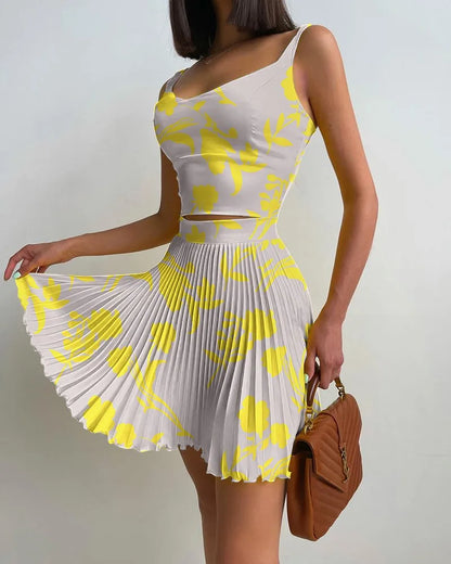 Two Piece Set Mini Print Pleated Skirt Set