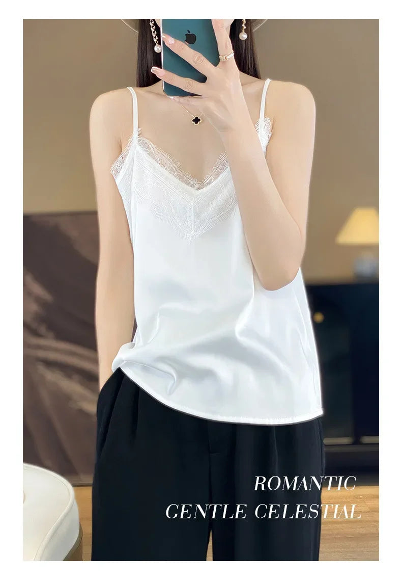 Satin Lace Trim V-Neck Crop Top