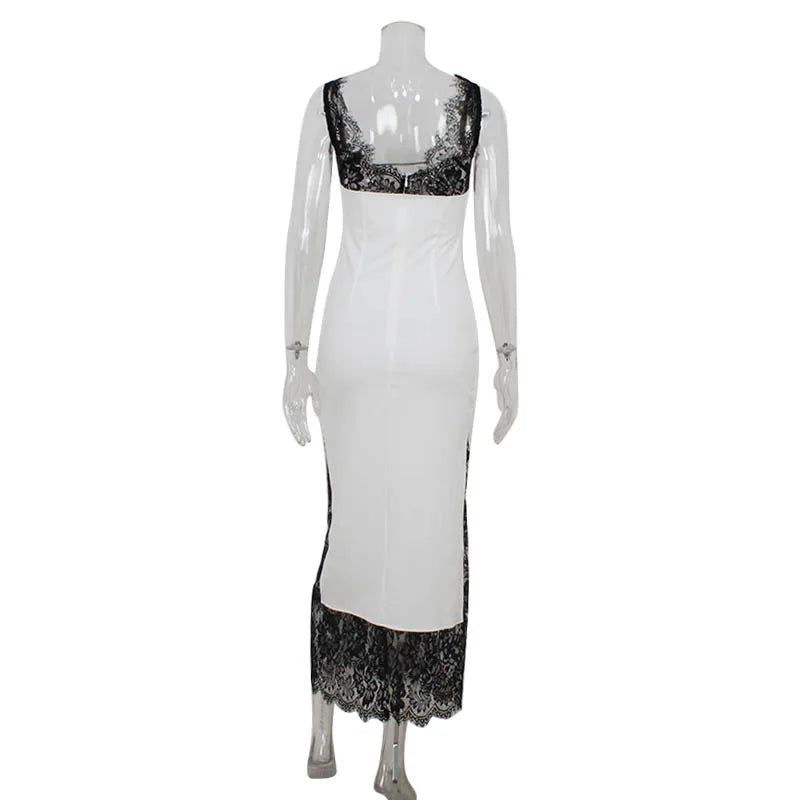 2026 Summer Fashion New Women's Elegant Lace Edge Strap Skirt Satin Splicing Sexy Temperament Bag Hip Split Dress