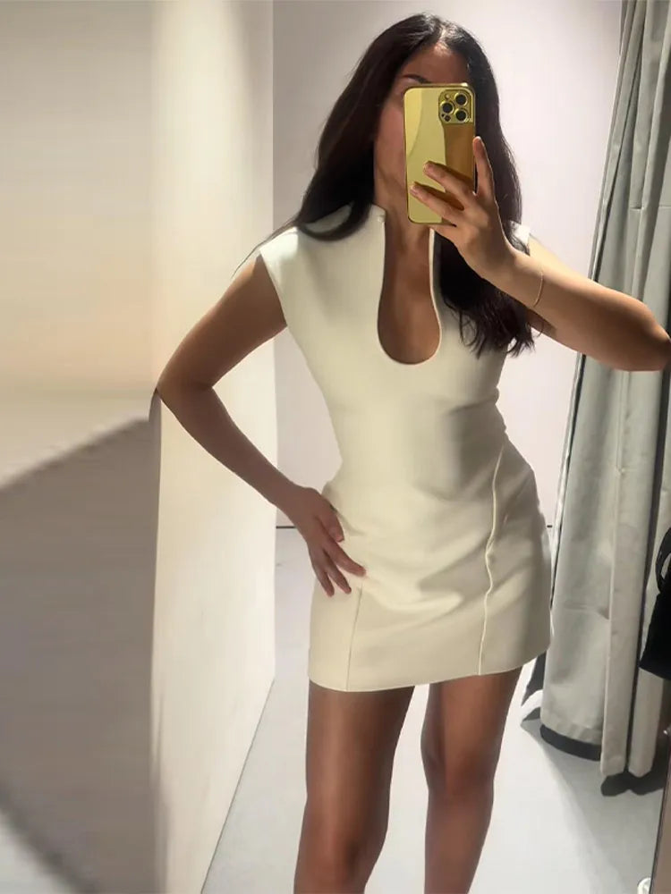 Elegant Solid Women's Dress Stand Collar Hollow Out Sleeveless Waist-Closed Lady Mini Dresses 2026 Spring Summer Female Robe