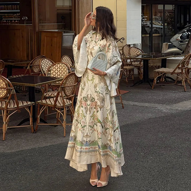 Floral Print Women Dress Button Down Mock Neck Maxi Dresses Long Lantern Sleeve A-Line Waist Belt Flared Hem Elegant Streetwear - Shellss