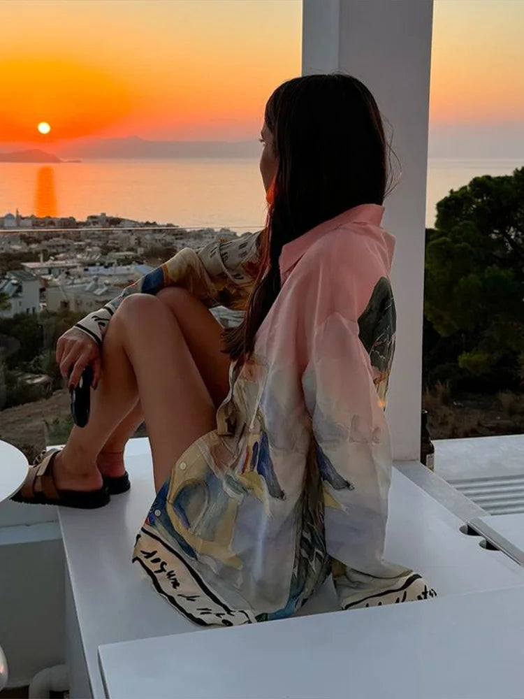 Fashion Printed 2 Piece Set Loose Lapel Button Long Sleeved Shirt Elastic Waist Shorts Suit 2025 Summer Autumn Beach Lady Set