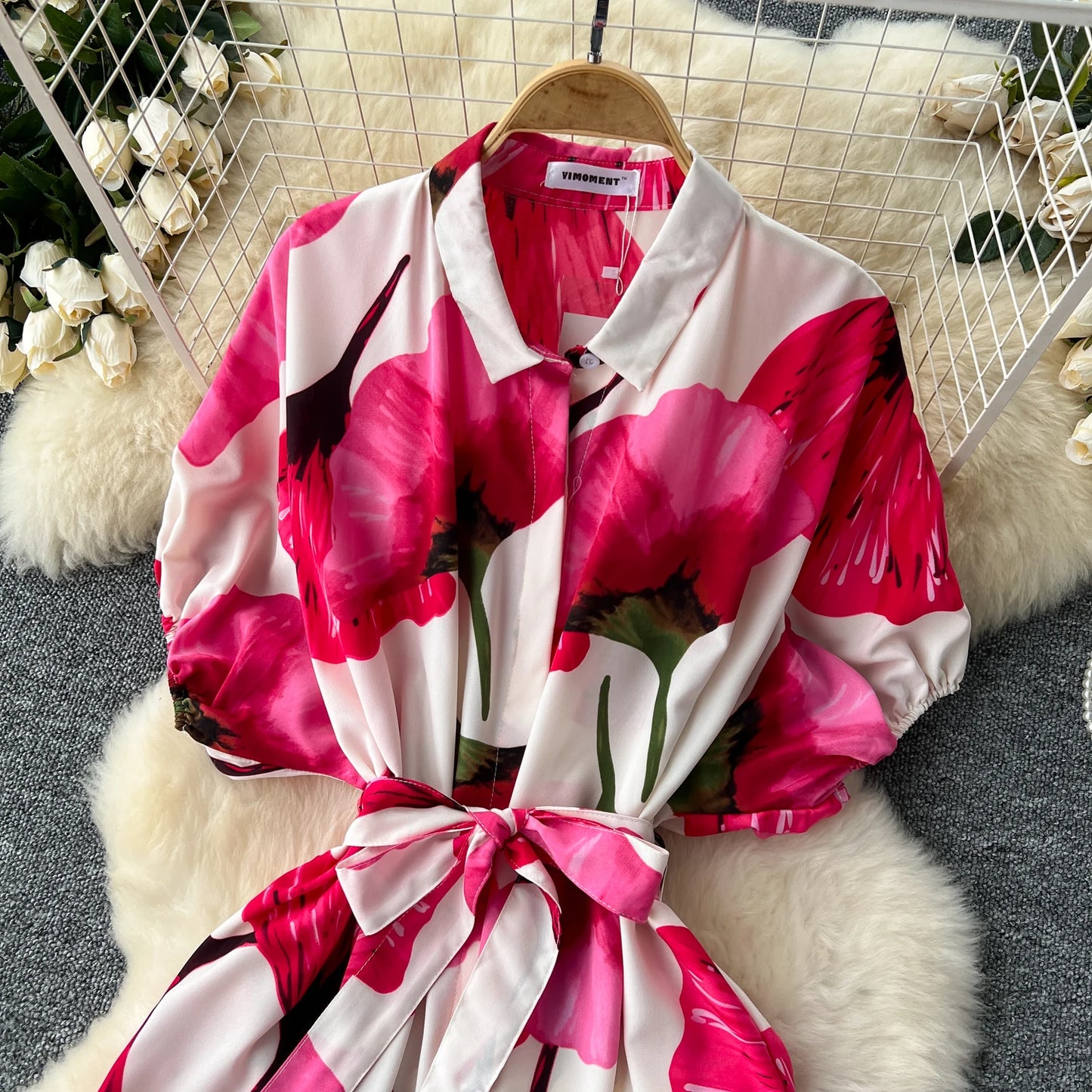 Vintage Satin Floral Pink Red
