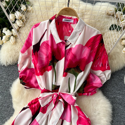 Vintage Satin Floral Pink Red