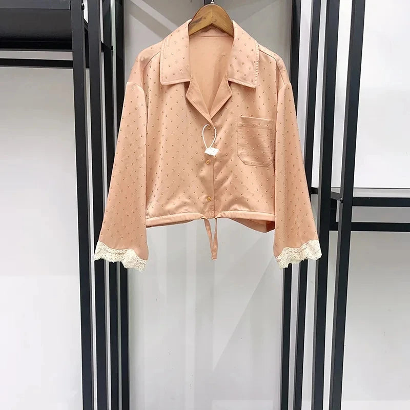 Rhinestone Decoration Women's Lace Trim Short Shirt Waist Drawstring Blouse Top or Lace-Up Waist Elastic Shorts for Summer New - Shellss