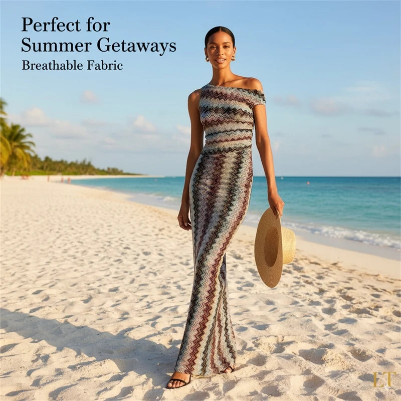 One Shoulder Maxi Dress for Women Striped Sleeveless Long Slim Fit Flowing Beach Dress – Sunset Seaside Vacation Look - Shellss