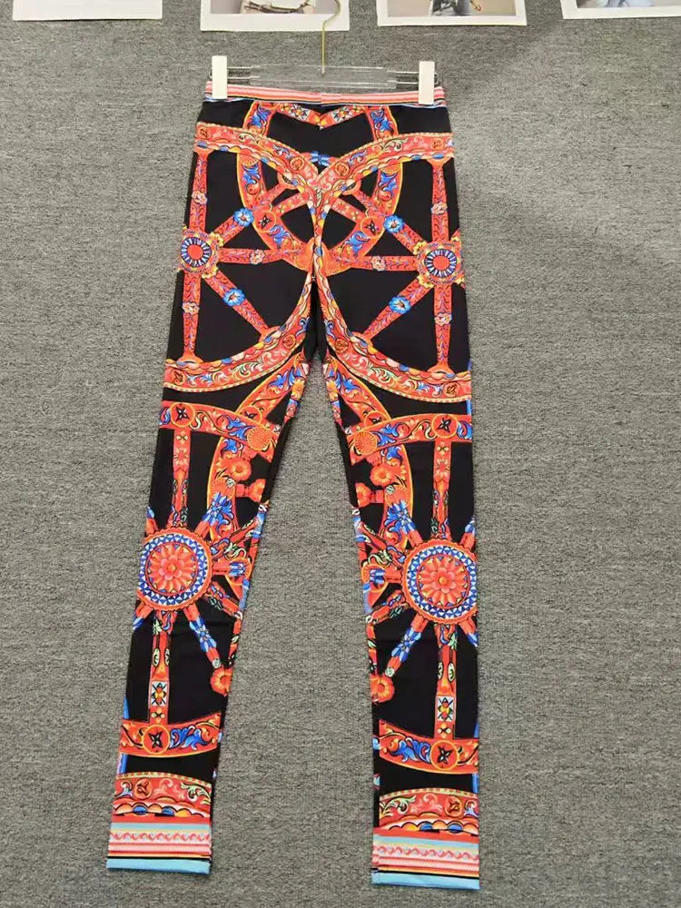 Summer New 2026 Printed Two-Piece Suit with One-Word Collar Sexy Waist-Exposed Top And Elastic Waist Slim Trousers for Holiday - Shellss