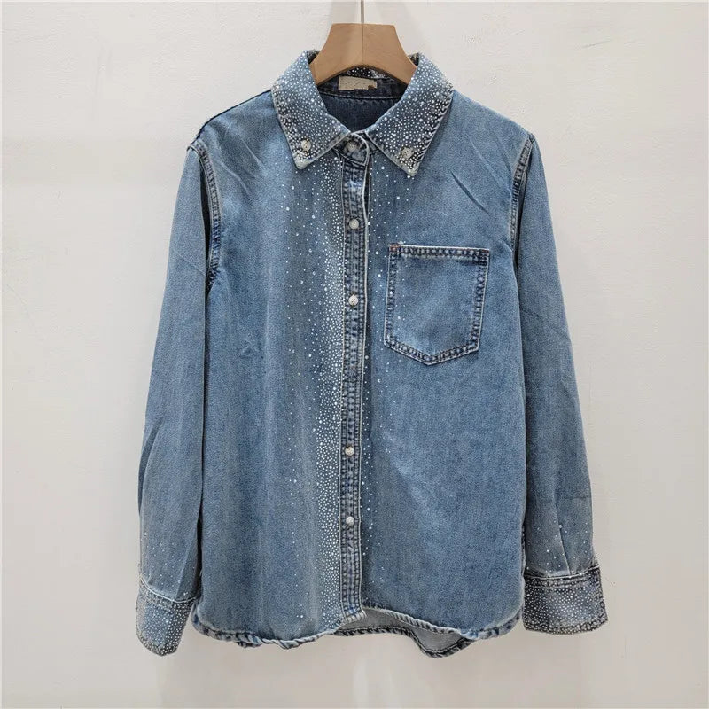 Women Hot Drilling Diamonds Beaded Denim Shirts Spring Sequined Rhinestones Jeans Blouses Jacket Long Sleeved Cardigan Tops 2024