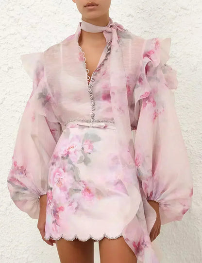 Pink Romantic High Quality Floral Print Ruffles