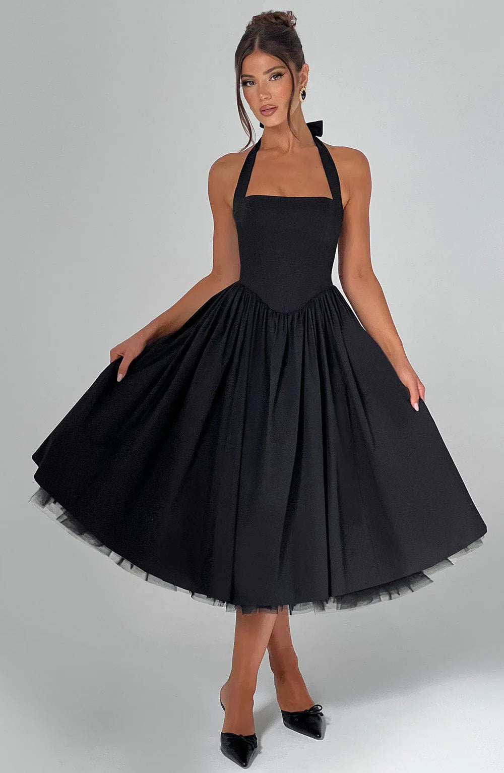 Luxurious Dress Vintage-Inspired Chic Puff-Sleeve Dress Lace-Up Pleated Tulle Dress Romantic-Elegant Evening Ruffle Gown - Shellss