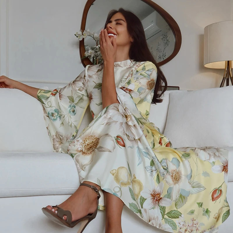 Floral Print Women Dress Button Down Mock Neck Maxi Dresses Long Lantern Sleeve A-Line Waist Belt Flared Hem Elegant Streetwear - Shellss
