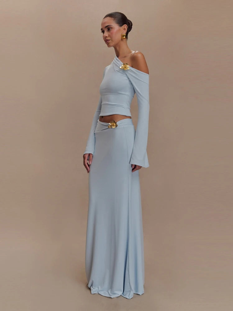 Women's Metal Flower Skirt Two Piece Set Sexy Slanted Neck Long Sleeves Top + Slim Long Skirt Suits Celebrity Party Cocktail
