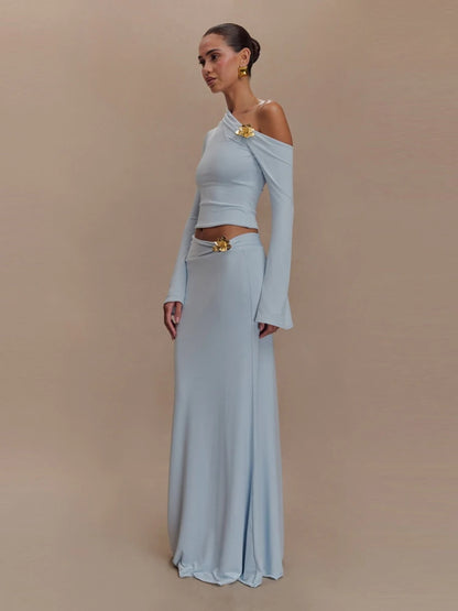 Women's Metal Flower Skirt Two Piece Set Sexy Slanted Neck Long Sleeves Top + Slim Long Skirt Suits Celebrity Party Cocktail