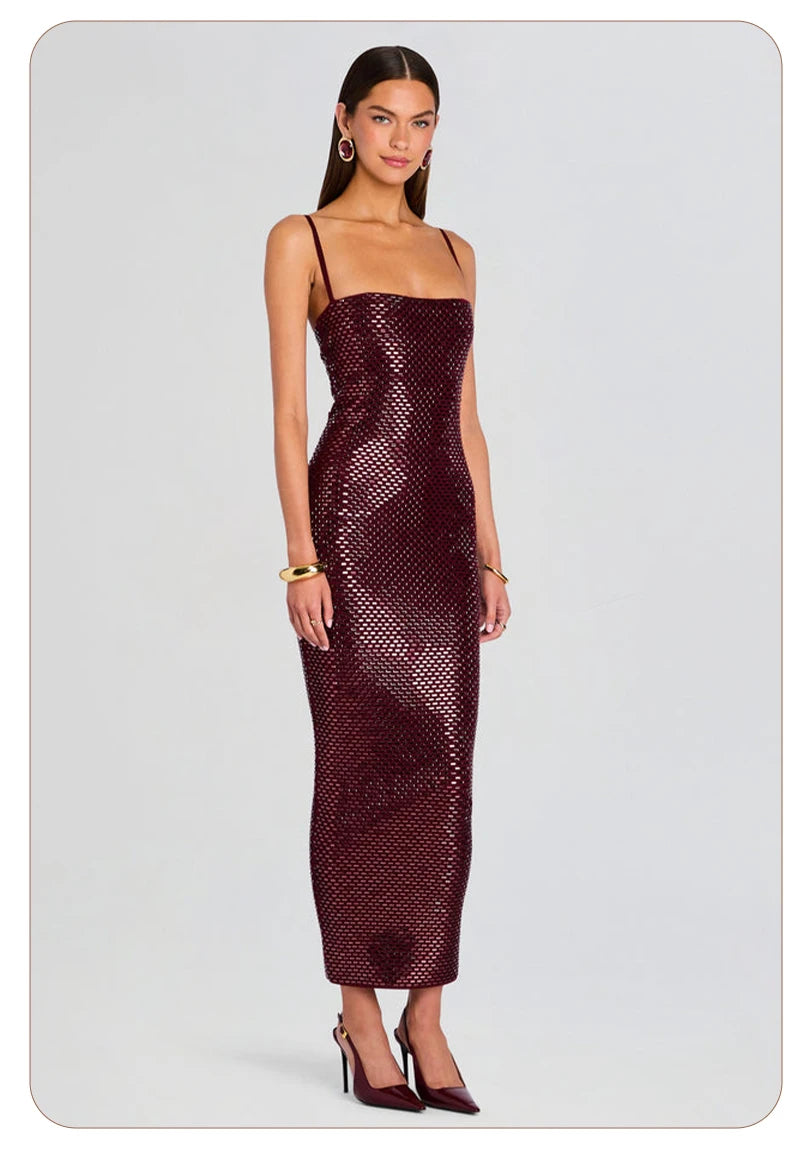Burgundy Sequin Spaghetti Strap Midi Dress Bodycon Sparkly Evening Party Cocktail Formal Dress Women's Slim Fit Backless Gown
