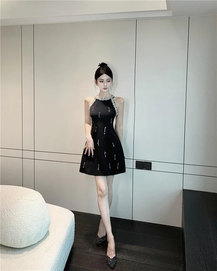 High Quality French Luxury Diamonds Beading Party Dresses For Women 2023 Summer New Elegant Fashion Sleeveless Sexy Dress Robes
